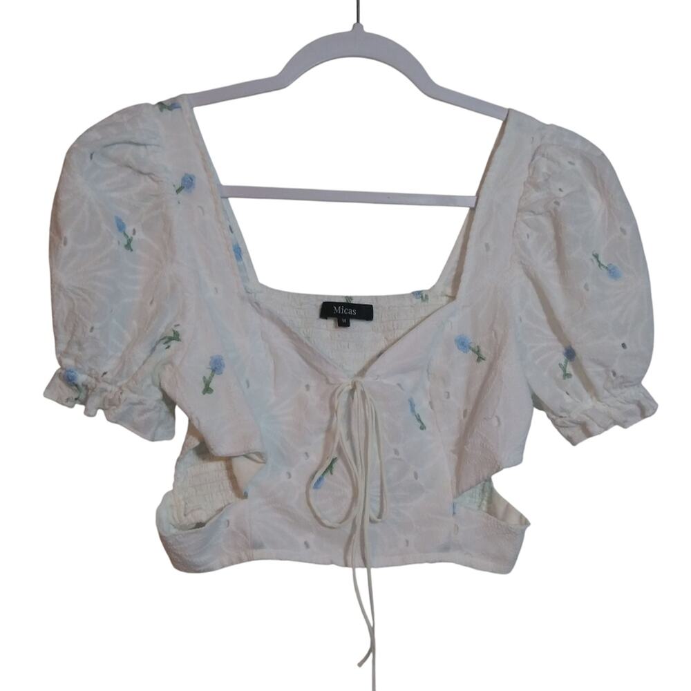 Micas White Floral Boho Cottagecore Crop Top Size M